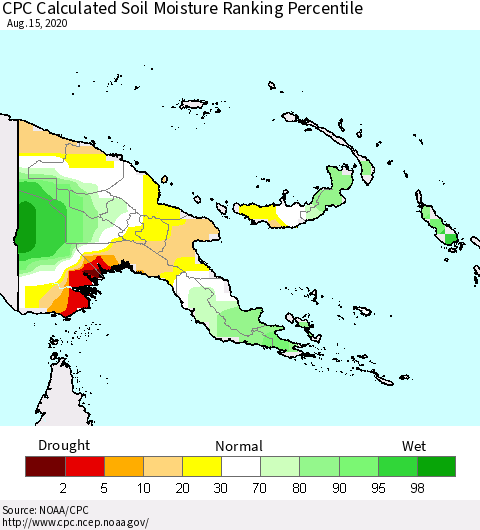 Papua New Guinea CPC Soil Moisture Ranking Percentile (Leaky Bucket) Thematic Map For 8/11/2020 - 8/15/2020
