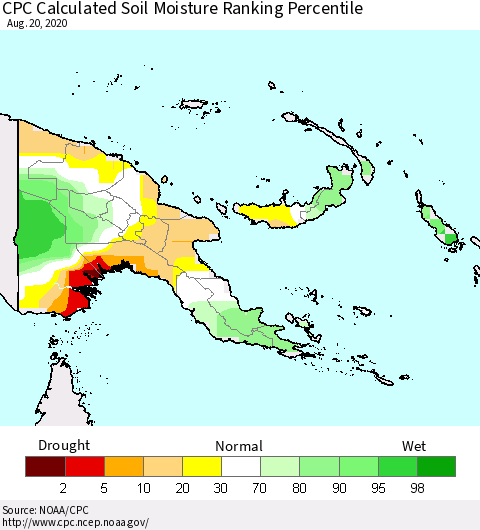 Papua New Guinea CPC Soil Moisture Ranking Percentile (Leaky Bucket) Thematic Map For 8/16/2020 - 8/20/2020