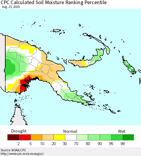 Papua New Guinea CPC Soil Moisture Ranking Percentile (Leaky Bucket) Thematic Map For 8/21/2020 - 8/25/2020