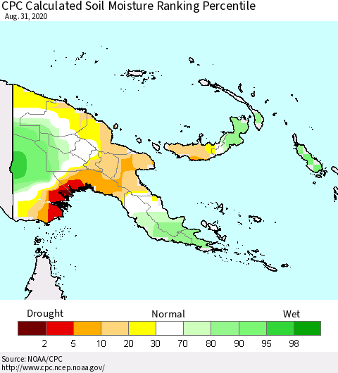 Papua New Guinea CPC Soil Moisture Ranking Percentile (Leaky Bucket) Thematic Map For 8/26/2020 - 8/31/2020