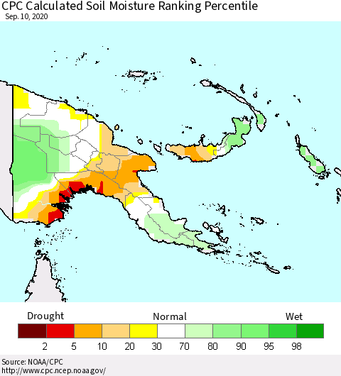 Papua New Guinea CPC Soil Moisture Ranking Percentile (Leaky Bucket) Thematic Map For 9/6/2020 - 9/10/2020