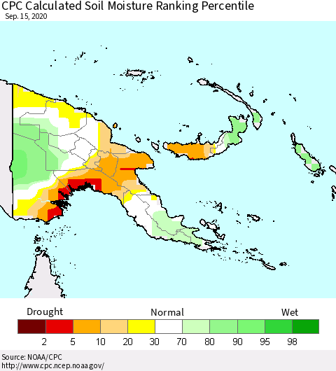 Papua New Guinea CPC Soil Moisture Ranking Percentile (Leaky Bucket) Thematic Map For 9/11/2020 - 9/15/2020