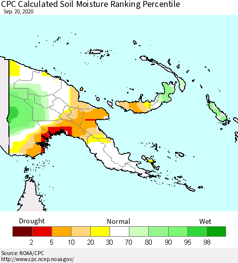 Papua New Guinea CPC Soil Moisture Ranking Percentile (Leaky Bucket) Thematic Map For 9/16/2020 - 9/20/2020