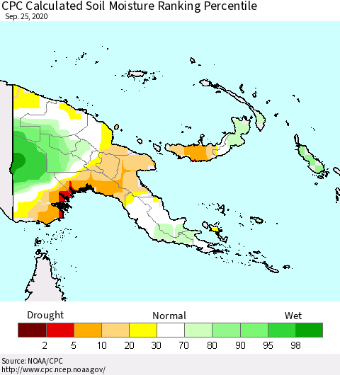 Papua New Guinea CPC Soil Moisture Ranking Percentile (Leaky Bucket) Thematic Map For 9/21/2020 - 9/25/2020