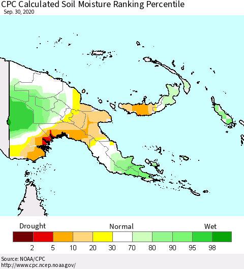 Papua New Guinea CPC Soil Moisture Ranking Percentile (Leaky Bucket) Thematic Map For 9/26/2020 - 9/30/2020