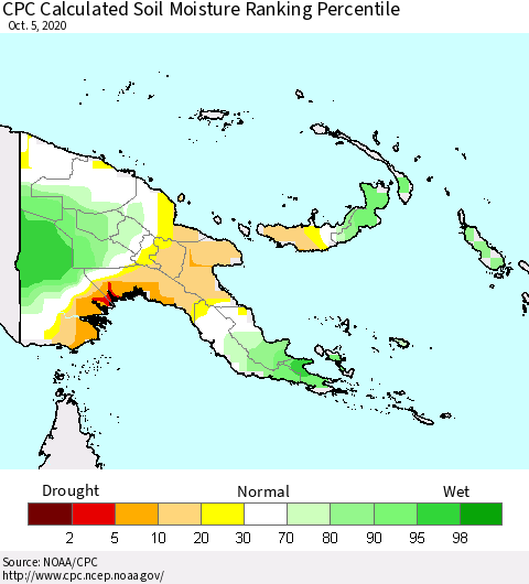 Papua New Guinea CPC Soil Moisture Ranking Percentile (Leaky Bucket) Thematic Map For 10/1/2020 - 10/5/2020