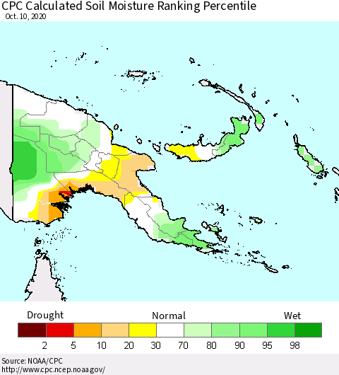 Papua New Guinea CPC Soil Moisture Ranking Percentile (Leaky Bucket) Thematic Map For 10/6/2020 - 10/10/2020