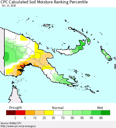 Papua New Guinea CPC Soil Moisture Ranking Percentile (Leaky Bucket) Thematic Map For 10/11/2020 - 10/15/2020
