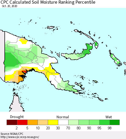 Papua New Guinea CPC Soil Moisture Ranking Percentile (Leaky Bucket) Thematic Map For 10/16/2020 - 10/20/2020