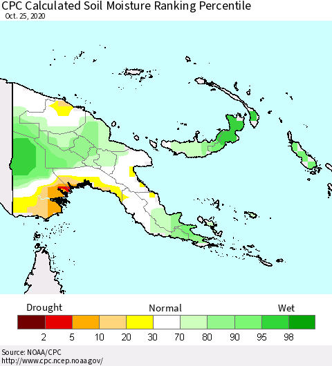 Papua New Guinea CPC Soil Moisture Ranking Percentile (Leaky Bucket) Thematic Map For 10/21/2020 - 10/25/2020