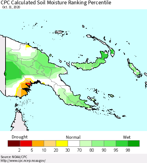 Papua New Guinea CPC Soil Moisture Ranking Percentile (Leaky Bucket) Thematic Map For 10/26/2020 - 10/31/2020