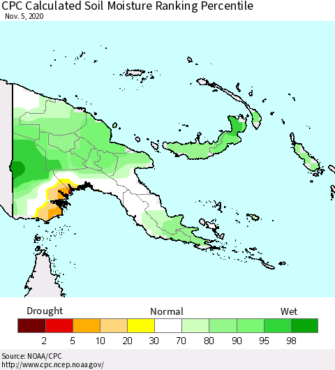 Papua New Guinea CPC Soil Moisture Ranking Percentile (Leaky Bucket) Thematic Map For 11/1/2020 - 11/5/2020