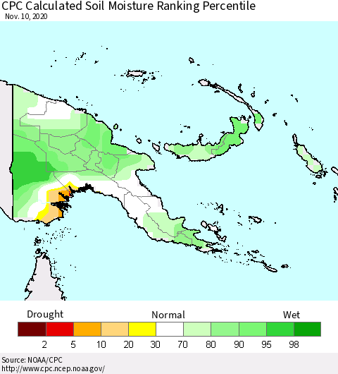 Papua New Guinea CPC Soil Moisture Ranking Percentile (Leaky Bucket) Thematic Map For 11/6/2020 - 11/10/2020