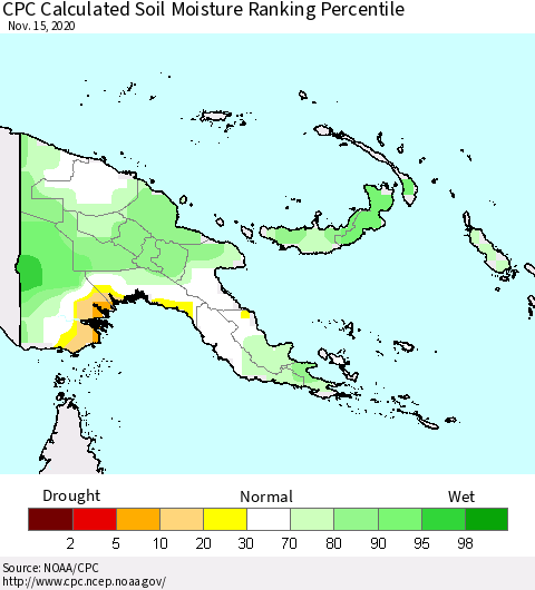 Papua New Guinea CPC Soil Moisture Ranking Percentile (Leaky Bucket) Thematic Map For 11/11/2020 - 11/15/2020