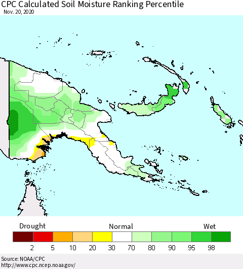 Papua New Guinea CPC Soil Moisture Ranking Percentile (Leaky Bucket) Thematic Map For 11/16/2020 - 11/20/2020