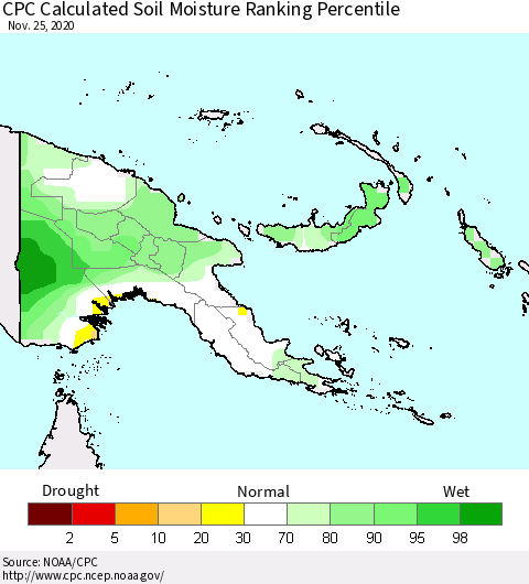 Papua New Guinea CPC Soil Moisture Ranking Percentile (Leaky Bucket) Thematic Map For 11/21/2020 - 11/25/2020