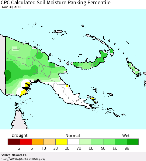 Papua New Guinea CPC Soil Moisture Ranking Percentile (Leaky Bucket) Thematic Map For 11/26/2020 - 11/30/2020