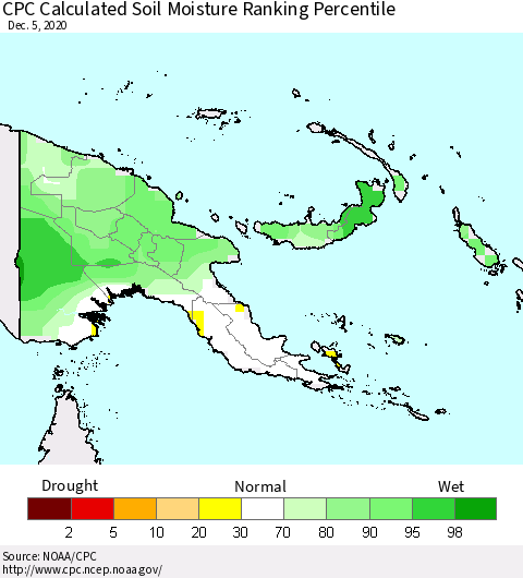 Papua New Guinea CPC Soil Moisture Ranking Percentile (Leaky Bucket) Thematic Map For 12/1/2020 - 12/5/2020