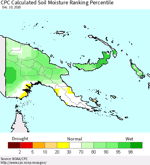 Papua New Guinea CPC Soil Moisture Ranking Percentile (Leaky Bucket) Thematic Map For 12/6/2020 - 12/10/2020