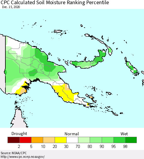 Papua New Guinea CPC Soil Moisture Ranking Percentile (Leaky Bucket) Thematic Map For 12/11/2020 - 12/15/2020