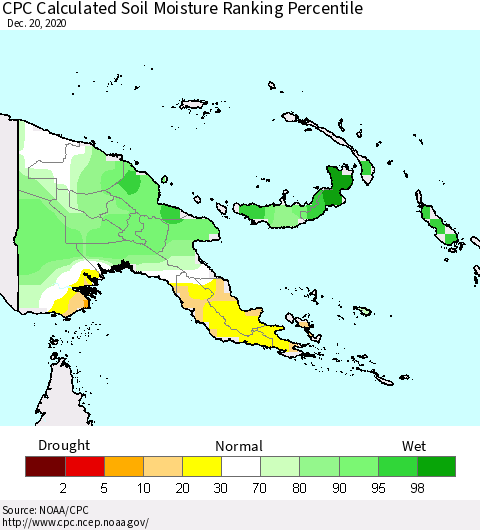 Papua New Guinea CPC Soil Moisture Ranking Percentile (Leaky Bucket) Thematic Map For 12/16/2020 - 12/20/2020