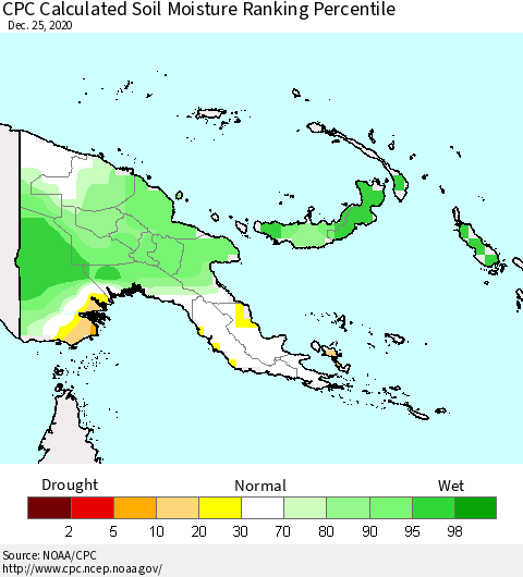 Papua New Guinea CPC Soil Moisture Ranking Percentile (Leaky Bucket) Thematic Map For 12/21/2020 - 12/25/2020