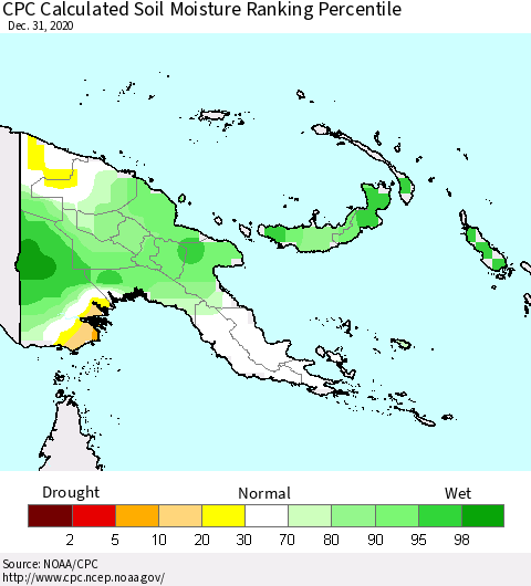 Papua New Guinea CPC Soil Moisture Ranking Percentile (Leaky Bucket) Thematic Map For 12/26/2020 - 12/31/2020