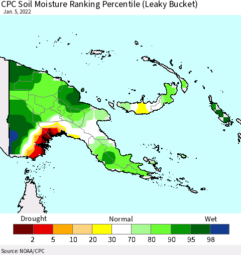 Papua New Guinea CPC Soil Moisture Ranking Percentile (Leaky Bucket) Thematic Map For 1/1/2022 - 1/5/2022