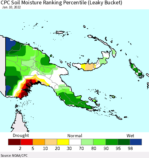 Papua New Guinea CPC Soil Moisture Ranking Percentile (Leaky Bucket) Thematic Map For 1/6/2022 - 1/10/2022