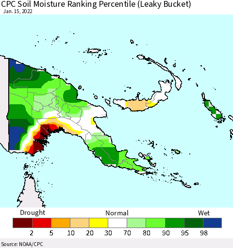 Papua New Guinea CPC Soil Moisture Ranking Percentile (Leaky Bucket) Thematic Map For 1/11/2022 - 1/15/2022