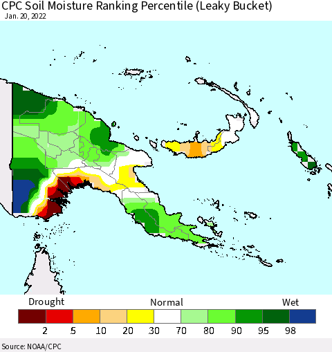 Papua New Guinea CPC Soil Moisture Ranking Percentile (Leaky Bucket) Thematic Map For 1/16/2022 - 1/20/2022