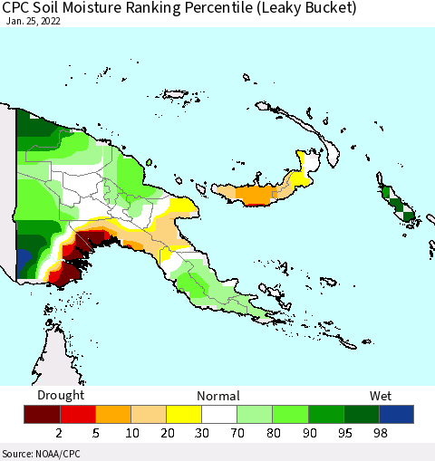 Papua New Guinea CPC Soil Moisture Ranking Percentile (Leaky Bucket) Thematic Map For 1/21/2022 - 1/25/2022