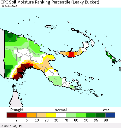 Papua New Guinea CPC Soil Moisture Ranking Percentile (Leaky Bucket) Thematic Map For 1/26/2022 - 1/31/2022