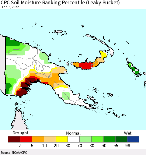 Papua New Guinea CPC Soil Moisture Ranking Percentile (Leaky Bucket) Thematic Map For 2/1/2022 - 2/5/2022