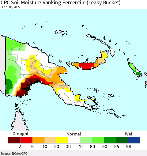 Papua New Guinea CPC Soil Moisture Ranking Percentile (Leaky Bucket) Thematic Map For 2/6/2022 - 2/10/2022