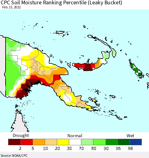 Papua New Guinea CPC Soil Moisture Ranking Percentile (Leaky Bucket) Thematic Map For 2/11/2022 - 2/15/2022