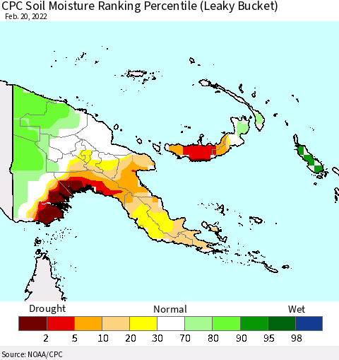 Papua New Guinea CPC Soil Moisture Ranking Percentile (Leaky Bucket) Thematic Map For 2/16/2022 - 2/20/2022