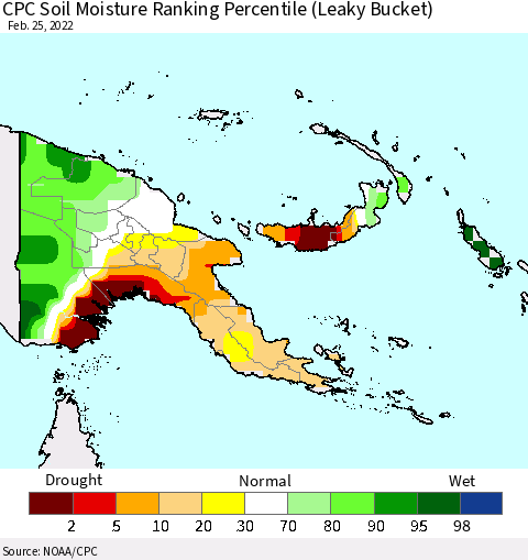 Papua New Guinea CPC Soil Moisture Ranking Percentile (Leaky Bucket) Thematic Map For 2/21/2022 - 2/25/2022