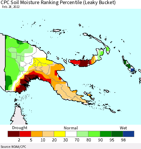 Papua New Guinea CPC Soil Moisture Ranking Percentile (Leaky Bucket) Thematic Map For 2/26/2022 - 2/28/2022