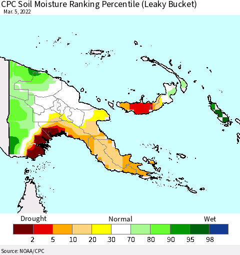 Papua New Guinea CPC Soil Moisture Ranking Percentile (Leaky Bucket) Thematic Map For 3/1/2022 - 3/5/2022