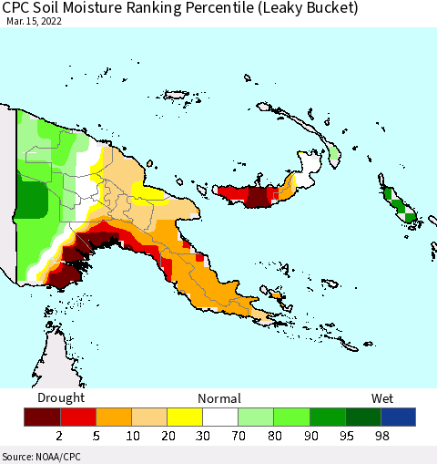 Papua New Guinea CPC Soil Moisture Ranking Percentile (Leaky Bucket) Thematic Map For 3/11/2022 - 3/15/2022