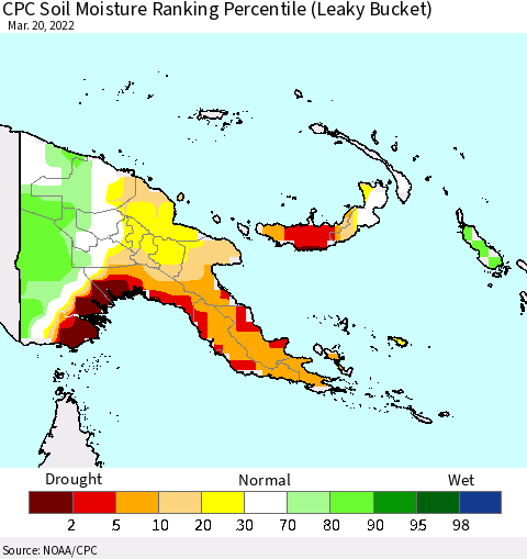 Papua New Guinea CPC Soil Moisture Ranking Percentile (Leaky Bucket) Thematic Map For 3/16/2022 - 3/20/2022