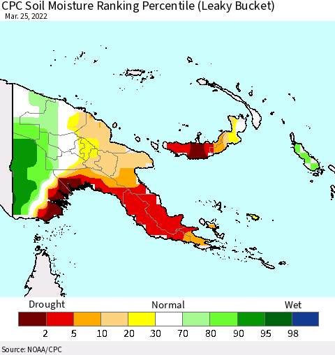 Papua New Guinea CPC Soil Moisture Ranking Percentile (Leaky Bucket) Thematic Map For 3/21/2022 - 3/25/2022