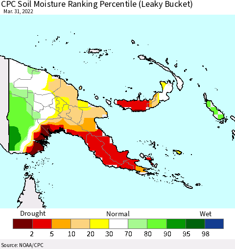 Papua New Guinea CPC Soil Moisture Ranking Percentile (Leaky Bucket) Thematic Map For 3/26/2022 - 3/31/2022