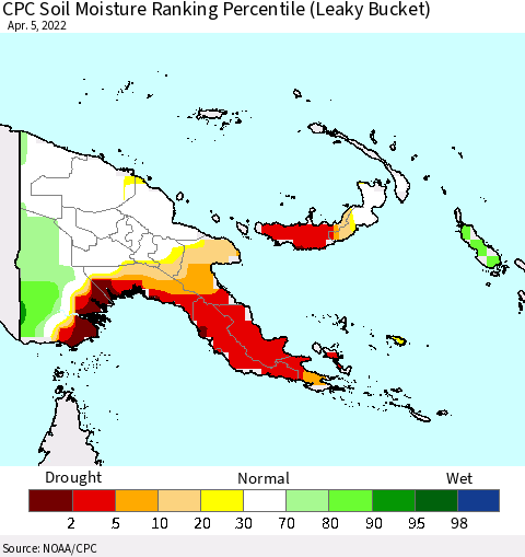 Papua New Guinea CPC Soil Moisture Ranking Percentile (Leaky Bucket) Thematic Map For 4/1/2022 - 4/5/2022
