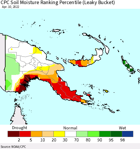 Papua New Guinea CPC Soil Moisture Ranking Percentile (Leaky Bucket) Thematic Map For 4/6/2022 - 4/10/2022