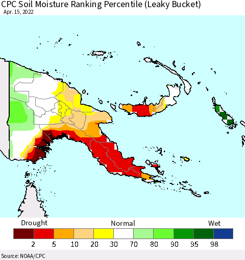 Papua New Guinea CPC Soil Moisture Ranking Percentile (Leaky Bucket) Thematic Map For 4/11/2022 - 4/15/2022