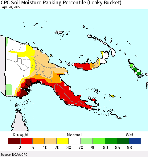 Papua New Guinea CPC Soil Moisture Ranking Percentile (Leaky Bucket) Thematic Map For 4/16/2022 - 4/20/2022