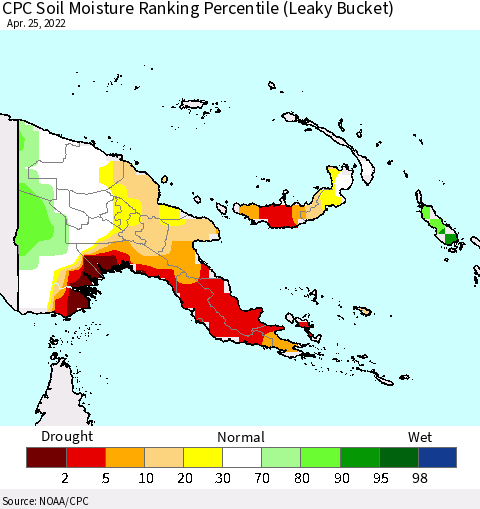 Papua New Guinea CPC Soil Moisture Ranking Percentile (Leaky Bucket) Thematic Map For 4/21/2022 - 4/25/2022