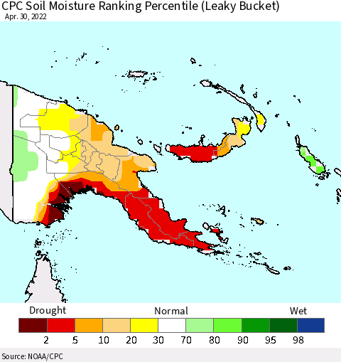 Papua New Guinea CPC Soil Moisture Ranking Percentile (Leaky Bucket) Thematic Map For 4/26/2022 - 4/30/2022